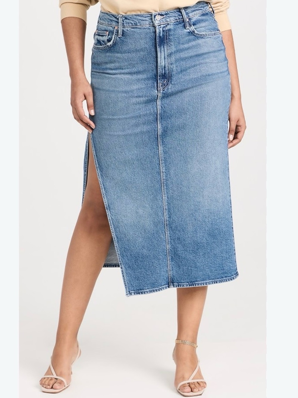 Mother the split second Classic Blue Denim Midi Skirt high diagonal front slit
